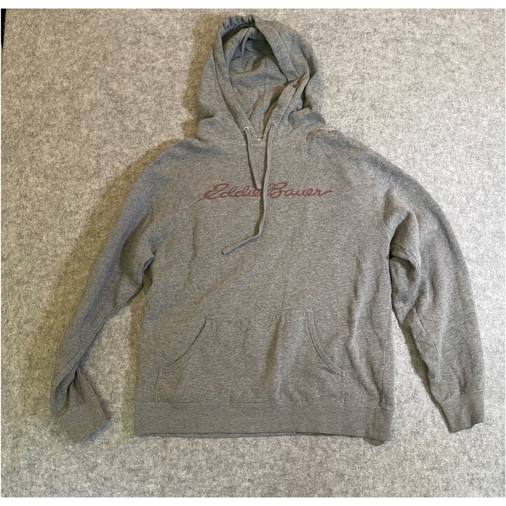 Eddie Bauer Mens Gray Script Logo Pullover Hoodie Sweatshirt Heather Gray